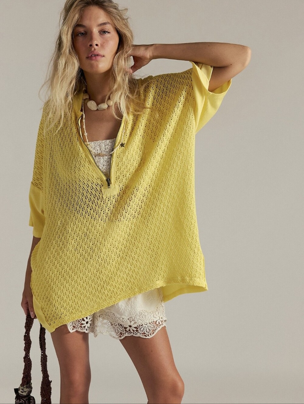 We The Free Yellow Surf's Up Tee 1/4 Zip Knit Oversized Size M ~ Pre-Owned - Picture 1 of 12